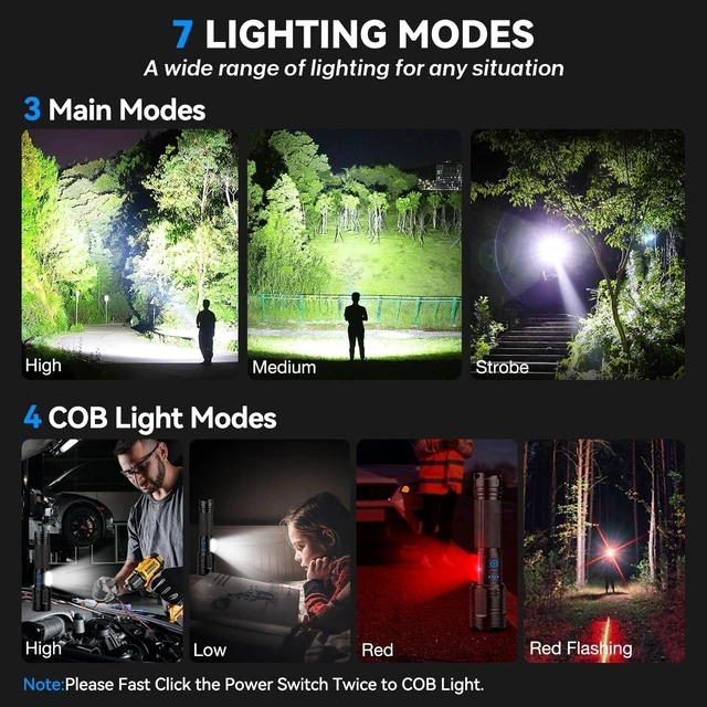 Alt view image 12 of 14 - Flashlight Rechargeable 99,000 High Lumen - 7 Modes LED Flash Light with COB, Powerful Handheld Flashlight for Home, Camping(2 Pack)