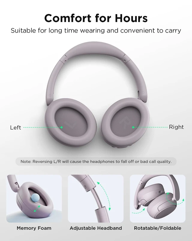 Alt view image 14 of 14 - H30 Hybrid Active Noise Cancelling Headphones, 110H Playtime Hi-Res Audio Bluetooth 6.0 Wireless Over Ear ANC Headphones for Commute/Travel (Purple)