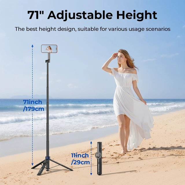 Alt view image 12 of 14 - Auto-Open Magnetic Selfie Stick Tripod for iPhone MagSafe, 71" Cell Phone Tirpod Stand with Metal Ring & Rechargeable Remote for Video Recording Vlogging Black