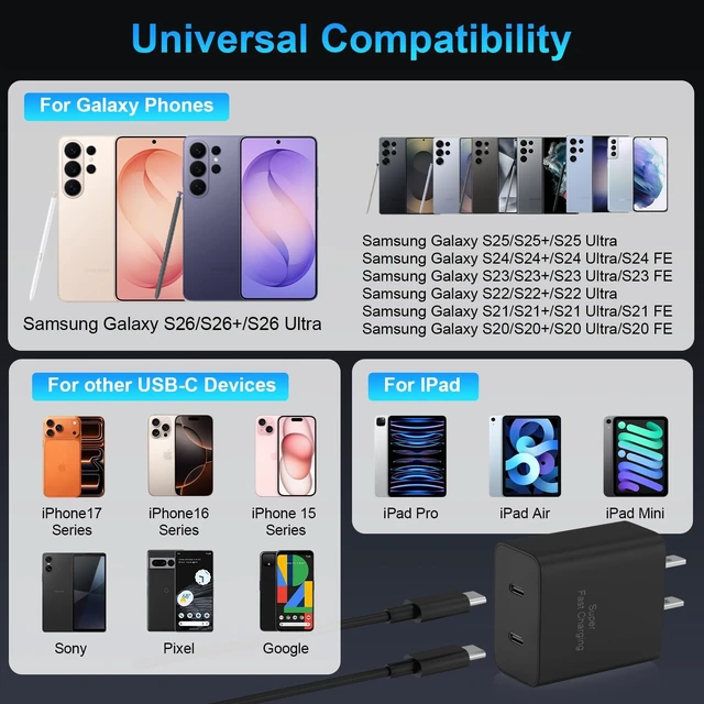 Alt view image 9 of 14 - 45W 2Pack Super Fast Charger USB C Dual Port Android Phone Charger Type C Fast Charging Block with 10FT Type-C Charger Cord for Samsung Galaxy S26 Ultra/S26/S26+/S25/S24/S23/S22/S21+/iPhone 17/16/15