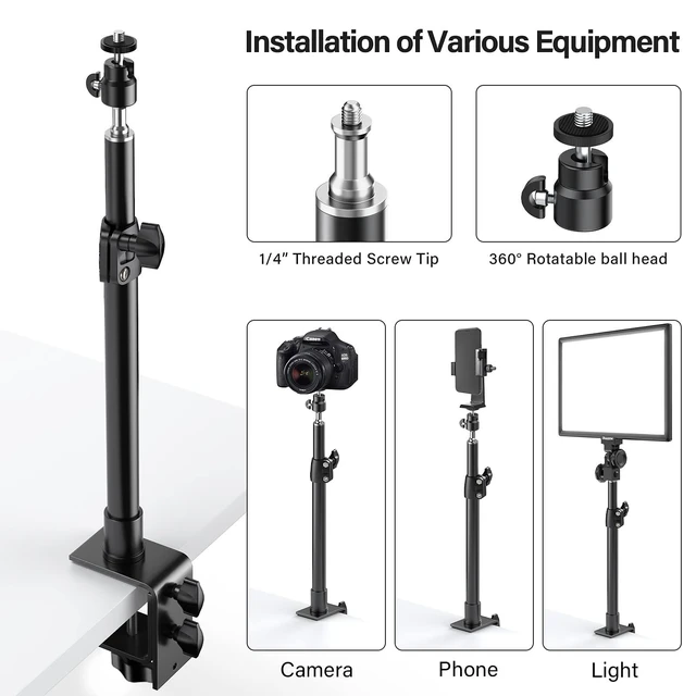 Alt view image 9 of 14 - 2-Pack Camera Desk Mount Stand with 1/4" Ball Head and Cold Shoe Mount Adapter,12.9-22" Tabletop Mounts Stand, Adjustable Aluminum Desktop Light Stand, for DSLR Camera, Ring Light, Video Light