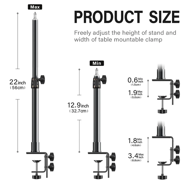Alt view image 10 of 14 - 2-Pack Camera Desk Mount Stand with 1/4" Ball Head and Cold Shoe Mount Adapter,12.9-22" Tabletop Mounts Stand, Adjustable Aluminum Desktop Light Stand, for DSLR Camera, Ring Light, Video Light