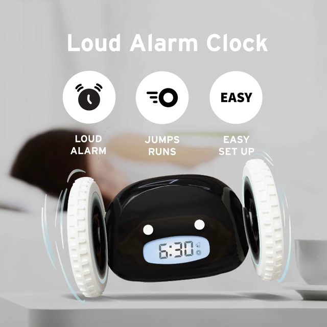 Alt view image 9 of 14 - Alarm Clock on Wheels Loud Rolling Alarm Clock for Heavy Sleepers | Runaway Clock that Jumps & Runs to Wake You Up | Funny Unique Gift for Adults, Teens & Kids Bedrooms (Black)