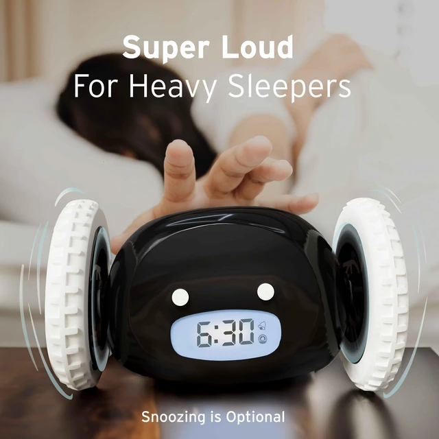 Alt view image 12 of 14 - Alarm Clock on Wheels Loud Rolling Alarm Clock for Heavy Sleepers | Runaway Clock that Jumps & Runs to Wake You Up | Funny Unique Gift for Adults, Teens & Kids Bedrooms (Black)
