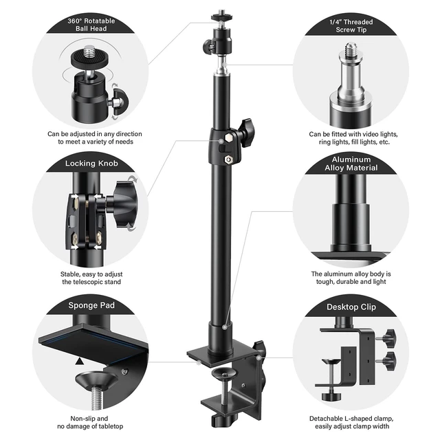 Alt view image 12 of 14 - 2-Pack Camera Desk Mount Stand with 1/4" Ball Head and Cold Shoe Mount Adapter,12.9-22" Tabletop Mounts Stand, Adjustable Aluminum Desktop Light Stand, for DSLR Camera, Ring Light, Video Light