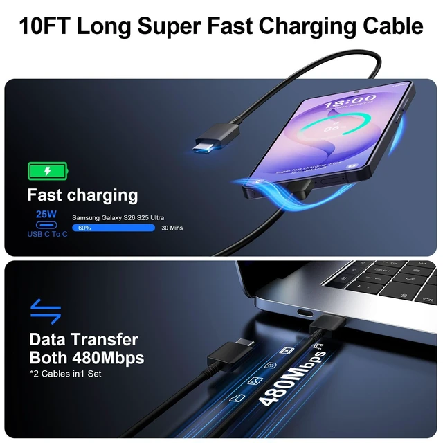 Alt view image 11 of 12 - Super Fast Charger Type C, 25W USB C Wall Charger Fast Charging for Samsung Galaxy S26 Ultra/S26/S26+/S25 Ultra/S25/24 Ultra/S24/S23 Ultra/S22 Ultra with 10FT Long Android Type C Charger Cable 2Pack