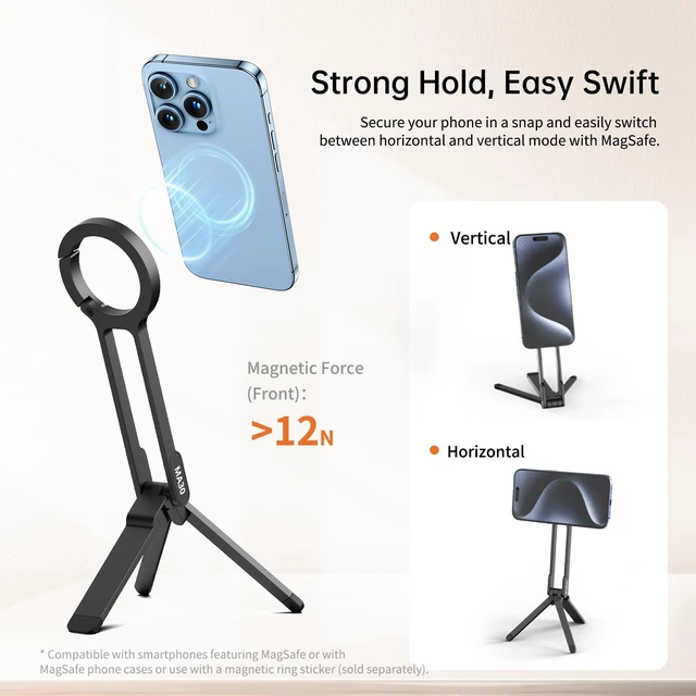 Alt view image 10 of 14 - MA30 Magnetic Phone Tripod Stand for iPhone - Aluminium Maglock Smartphone Mini Tripod Pocket Cell Phone Stand Strong Magnet Quick Mount Compatible with iPhone 17 16 15 14 13 12 Series, Black