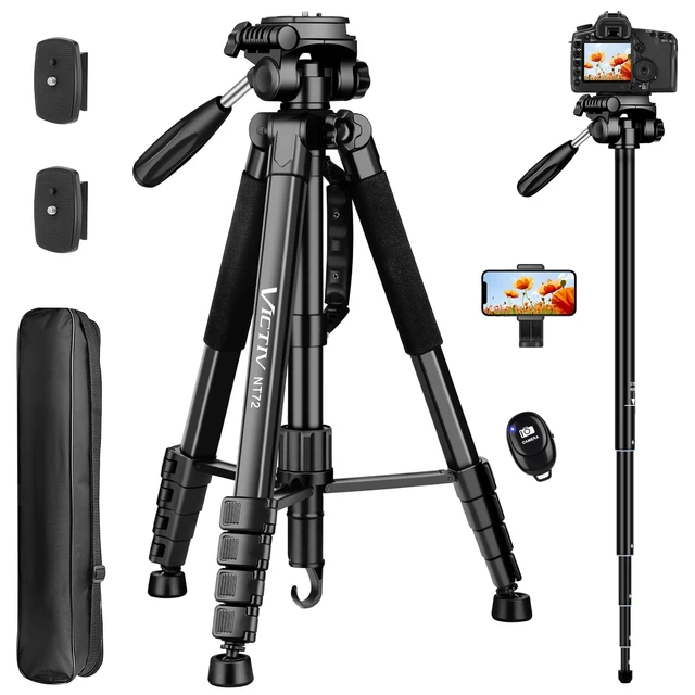 Alt view image 8 of 14 - Tripod for Camera and Phone, 72" Tall Camera Tripod Monopod with Remote, Professional Heavy Duty Compact Camera Stand for iPhone, DSLR, Spotting Scope, Telescope, Binocular