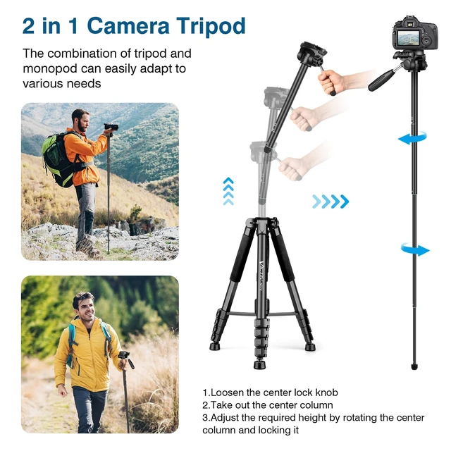 Alt view image 11 of 14 - Tripod for Camera and Phone, 72" Tall Camera Tripod Monopod with Remote, Professional Heavy Duty Compact Camera Stand for iPhone, DSLR, Spotting Scope, Telescope, Binocular