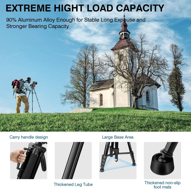 Alt view image 10 of 14 - Tripod for Camera and Phone, 72" Tall Camera Tripod Monopod with Remote, Professional Heavy Duty Compact Camera Stand for iPhone, DSLR, Spotting Scope, Telescope, Binocular