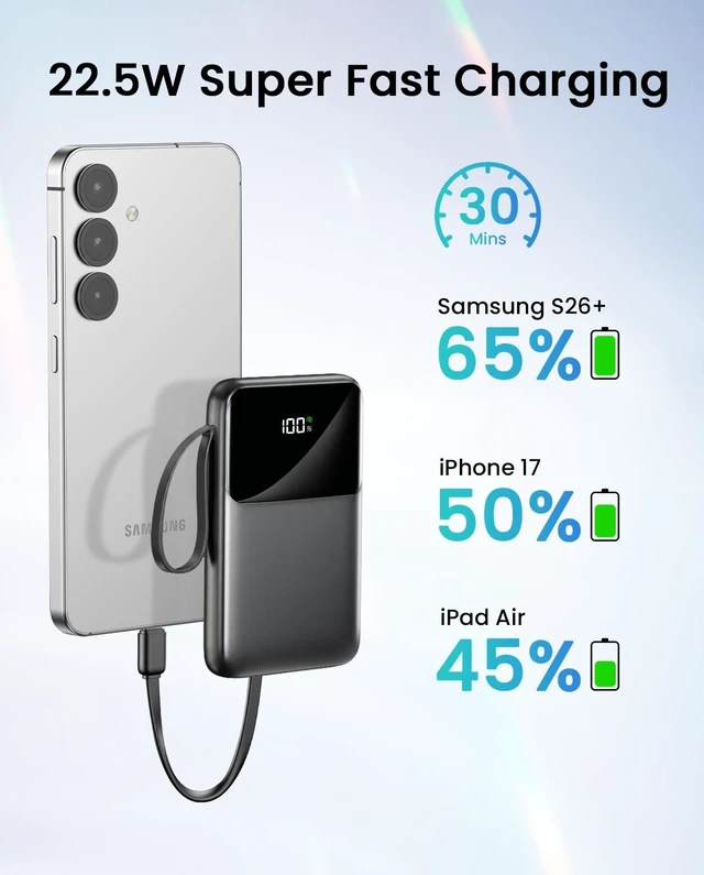 Alt view image 12 of 14 - 15000mAh Portable Charger Power Bank, Smaller Built-in 4 Cables, 22.5W