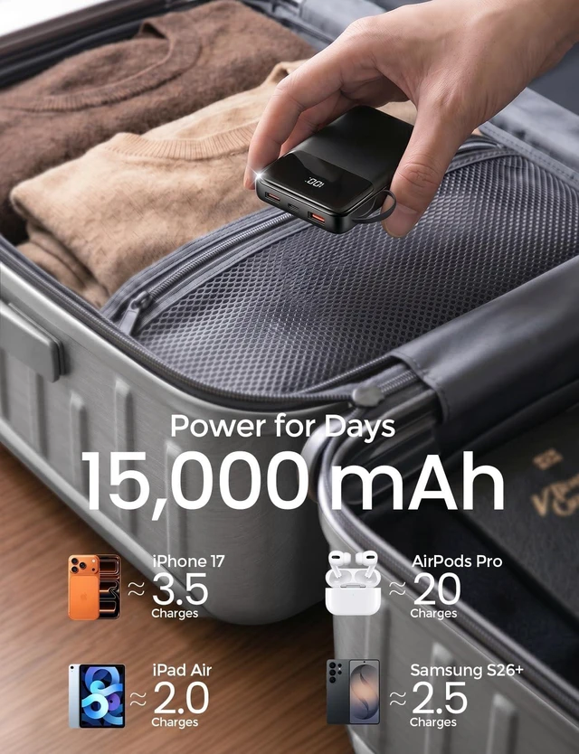 Alt view image 9 of 14 - 15000mAh Portable Charger Power Bank, Smaller Built-in 4 Cables, 22.5W