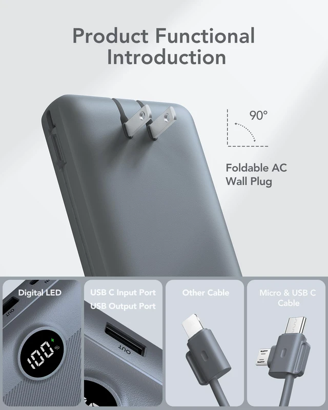 Alt view image 9 of 14 - Portable Charger Power Bank 20000mAh,22.5W Fast Charging Power Bank With Cables, 20K USB C Portable Charger With Wall Plug, Phone Battery With Cords For iPhone, Samsung, Android Phones, etc-Grey