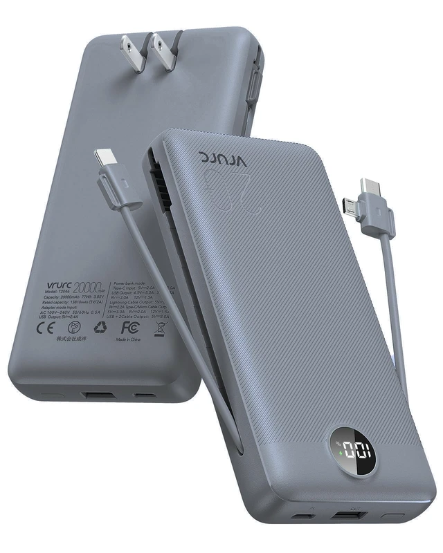 Alt view image 8 of 14 - Portable Charger Power Bank 20000mAh,22.5W Fast Charging Power Bank With Cables, 20K USB C Portable Charger With Wall Plug, Phone Battery With Cords For iPhone, Samsung, Android Phones, etc-Grey