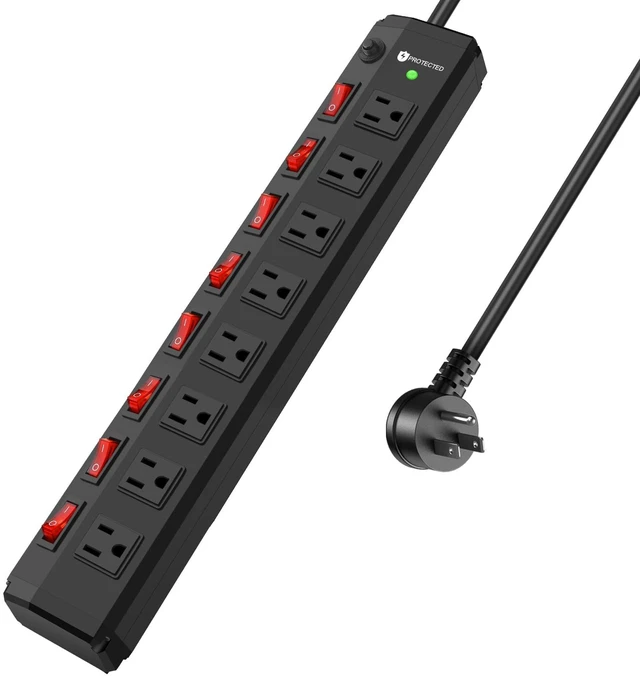Alt view image 8 of 14 - 8 Outlet Heavy Duty Power Strip with 8 Individual Switches 1200J Black 6FT