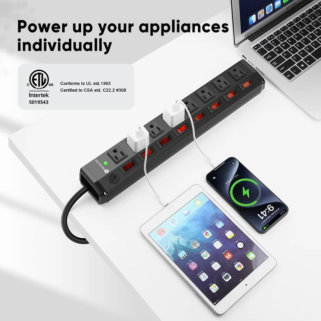 Alt view image 9 of 14 - 8 Outlet Heavy Duty Power Strip with 8 Individual Switches 1200J Black 6FT
