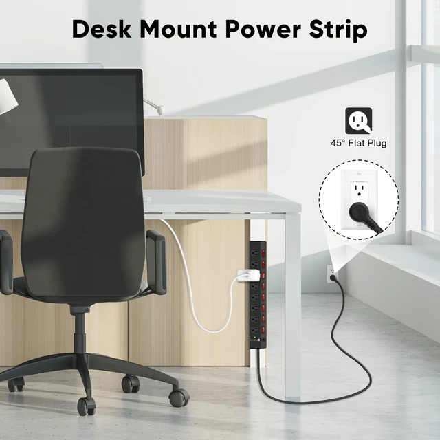 Alt view image 10 of 14 - 8 Outlet Heavy Duty Power Strip with 8 Individual Switches 1200J Black 6FT
