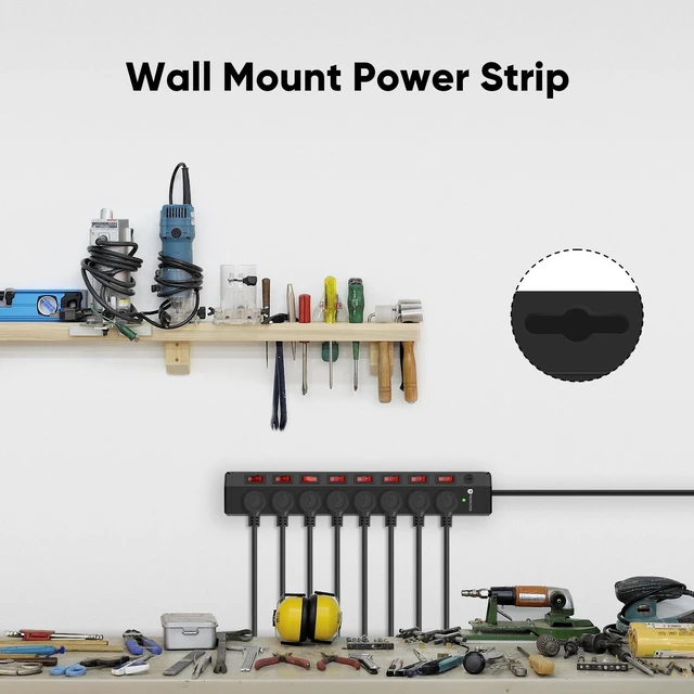 Alt view image 12 of 14 - 8 Outlet Heavy Duty Power Strip with 8 Individual Switches 1200J Black 6FT