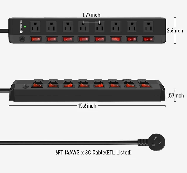 Alt view image 14 of 14 - 8 Outlet Heavy Duty Power Strip with 8 Individual Switches 1200J Black 6FT