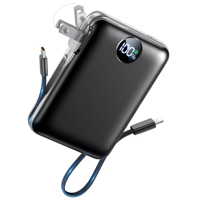 Alt view image 8 of 14 - Portable Charger Power Bank 10000mAh, 45% Smaller Built-in Cables & AC Plug