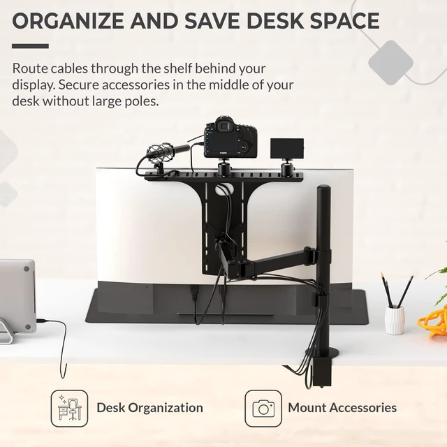Alt view image 14 of 14 - DSLR Monitor Mount Large, Desk Camera Mounting, Light Webcam, Microphone Shelf for Monitor VESA Arm, Replace Clamp Tripods, 100x100mm Patterns, Aluminum, Hardware Included