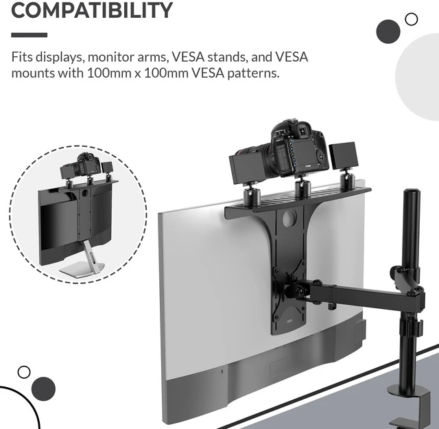 Alt view image 13 of 14 - DSLR Monitor Mount Large, Desk Camera Mounting, Light Webcam, Microphone Shelf for Monitor VESA Arm, Replace Clamp Tripods, 100x100mm Patterns, Aluminum, Hardware Included