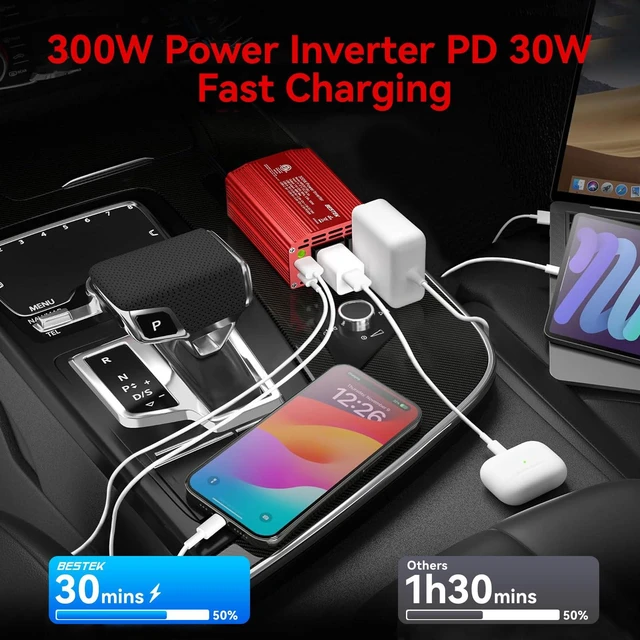 Alt view image 8 of 12 - Power Inverter DC 12-17V to AC 110V - 300W Car Plug Adapter Outlet | PD30W USB-C 18W USB-A Port, Vehicle Charger Cigarette Lighter for Phone, Laptop on Road Trip, Modified Sine, Aluminum Housing