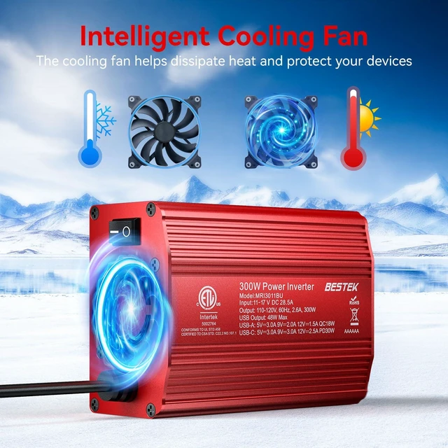 Alt view image 10 of 12 - Power Inverter DC 12-17V to AC 110V - 300W Car Plug Adapter Outlet | PD30W USB-C 18W USB-A Port, Vehicle Charger Cigarette Lighter for Phone, Laptop on Road Trip, Modified Sine, Aluminum Housing