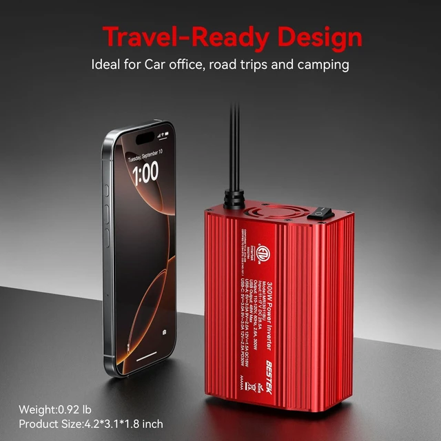 Alt view image 12 of 12 - Power Inverter DC 12-17V to AC 110V - 300W Car Plug Adapter Outlet | PD30W USB-C 18W USB-A Port, Vehicle Charger Cigarette Lighter for Phone, Laptop on Road Trip, Modified Sine, Aluminum Housing