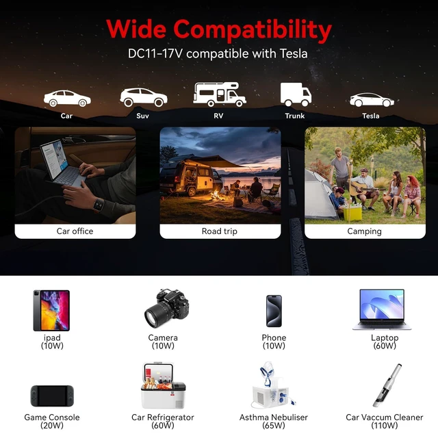 Alt view image 11 of 12 - Power Inverter DC 12-17V to AC 110V - 300W Car Plug Adapter Outlet | PD30W USB-C 18W USB-A Port, Vehicle Charger Cigarette Lighter for Phone, Laptop on Road Trip, Modified Sine, Aluminum Housing