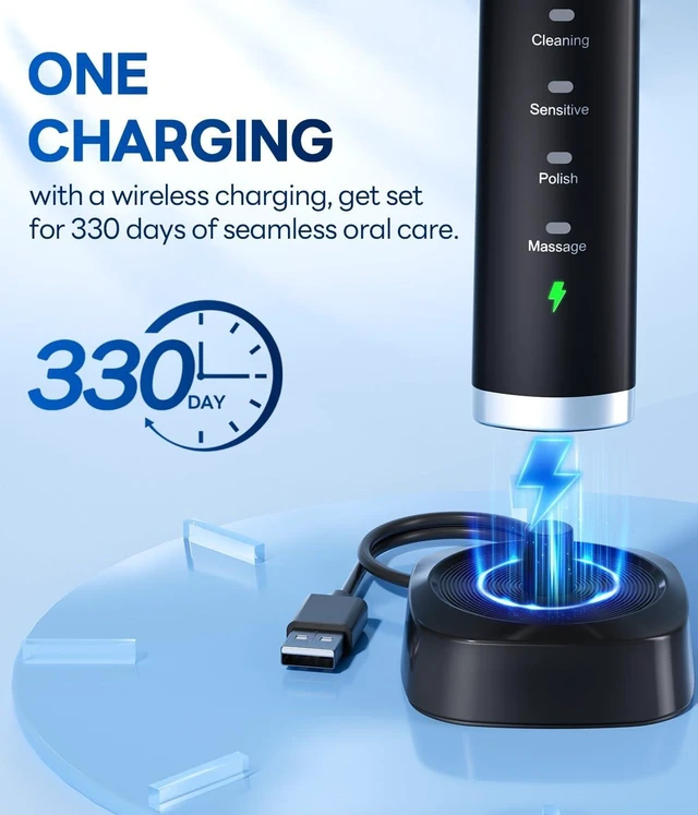 Alt view image 10 of 14 - Electric Toothbrush for Adults, Sonic Rechargeable Toothbrush with 8 Brush Heads, 70-Day Battery, 5 Cleaning Modes & 2-Min Timer, Travel-Friendly Ultra Clean Design Black