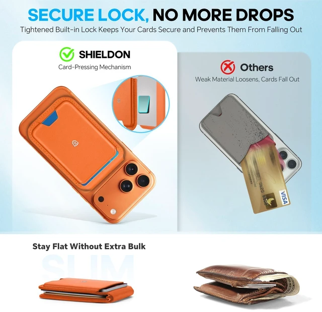 Alt view image 14 of 14 - Genuine Leather Card Holder for Phone, Strong Magnetic Wallet for MagSafe with Adjustable Stand, RFID Blocking Mag Wallet for iPhone 17/17e/16/15/14/13/12/Pro/Max/Air/Plus Men Women - Orange