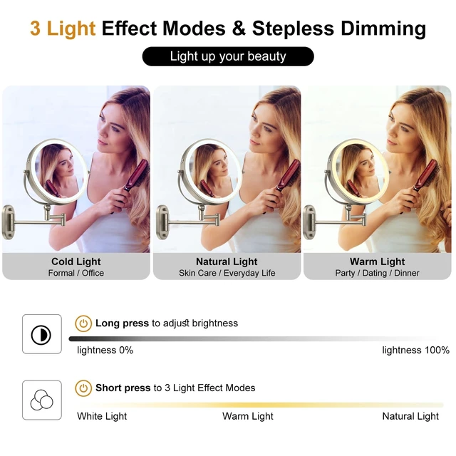 Alt view image 11 of 12 - 9" Wall Mounted Lighted Makeup Mirror,4000mAh Rechargeable Double Sided 1X/10X Magnifying Mirror with Light,3 Color Lights,Touch Dimmable,Extended Arm 360 Rotation Wall Mounted Makeup Mirror
