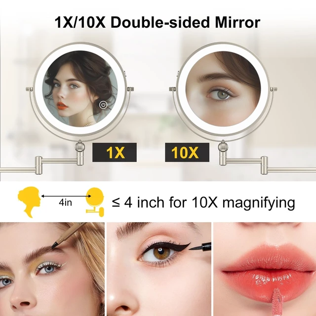 Alt view image 9 of 12 - 9" Wall Mounted Lighted Makeup Mirror,4000mAh Rechargeable Double Sided 1X/10X Magnifying Mirror with Light,3 Color Lights,Touch Dimmable,Extended Arm 360 Rotation Wall Mounted Makeup Mirror