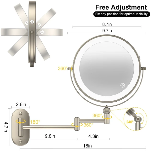 Alt view image 12 of 12 - 9" Wall Mounted Lighted Makeup Mirror,4000mAh Rechargeable Double Sided 1X/10X Magnifying Mirror with Light,3 Color Lights,Touch Dimmable,Extended Arm 360 Rotation Wall Mounted Makeup Mirror