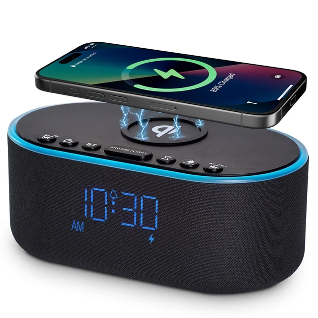 Alt view image 8 of 14 - Wireless Charging Alarm Clock Radio: Qi Certified Fast Wireless Charger for iPhone Samsung - 10W Stereo Bluetooth Speaker - Dimmable Digital Clock with FM Radio for Bedroom Black