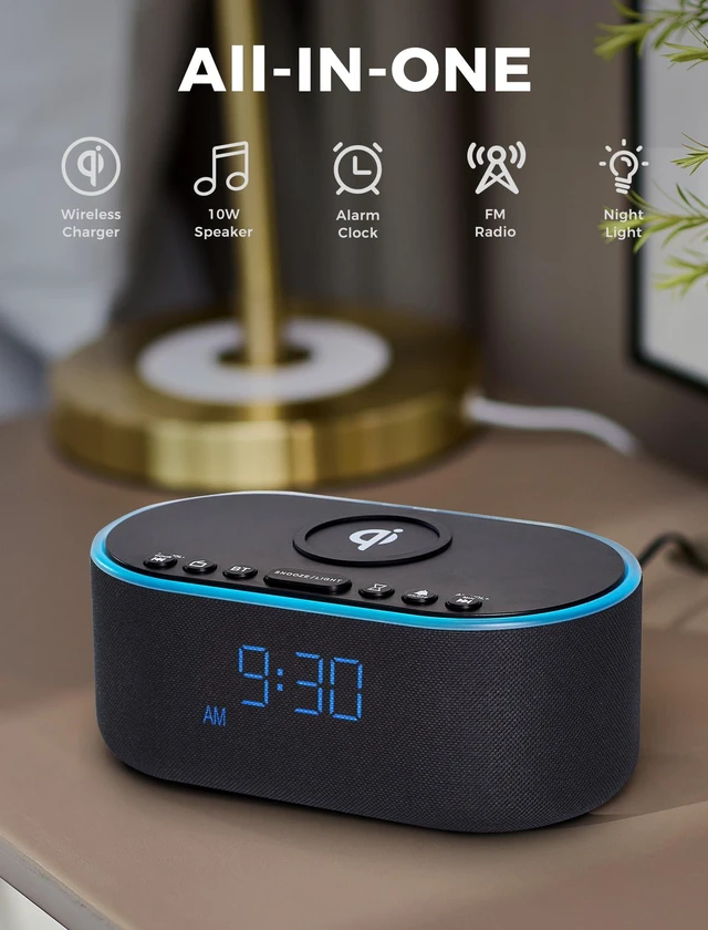 Alt view image 9 of 14 - Wireless Charging Alarm Clock Radio: Qi Certified Fast Wireless Charger for iPhone Samsung - 10W Stereo Bluetooth Speaker - Dimmable Digital Clock with FM Radio for Bedroom Black