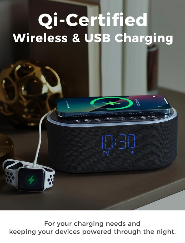 Alt view image 10 of 14 - Wireless Charging Alarm Clock Radio: Qi Certified Fast Wireless Charger for iPhone Samsung - 10W Stereo Bluetooth Speaker - Dimmable Digital Clock with FM Radio for Bedroom Black