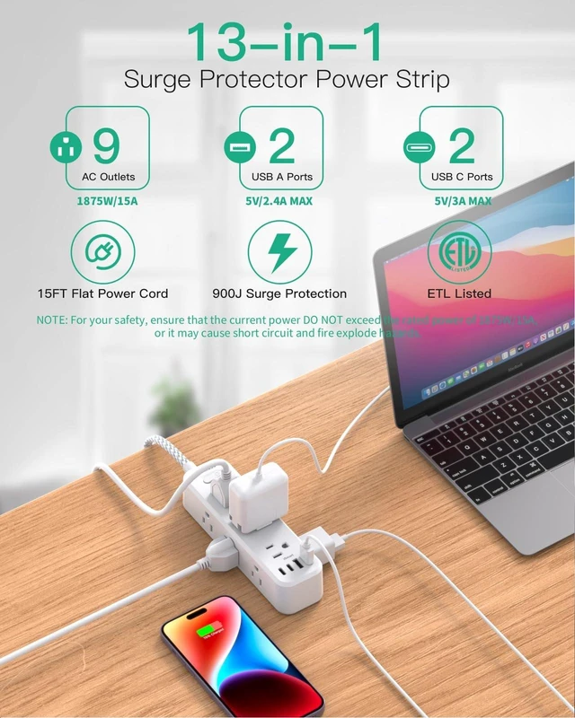 Alt view image 10 of 14 - Extension Cord with Multiple Outlets 15FT, 13-in-1 Long Power Strip