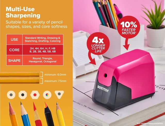 Alt view image 7 of 10 - Office Battery Pencil Sharpener, 4X Longer Cutter Life, Tip Saver Technology, Pink