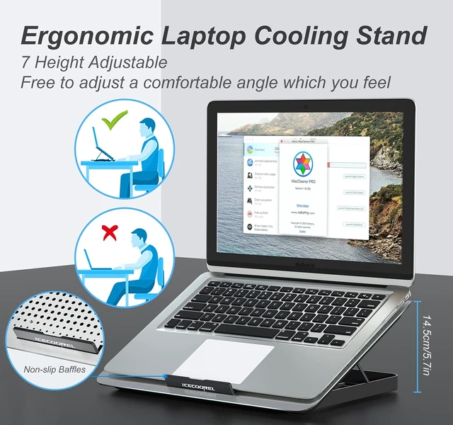 Alt view image 10 of 14 - Aluminum Laptop Cooling Pad, Laptop Cooler Stand with 7 Height Adjustable, Laptop Fan Cooling Pad for Laptop 12-15.6 Inch, Notebook Cooler Pad with Two USB Port (Silver)