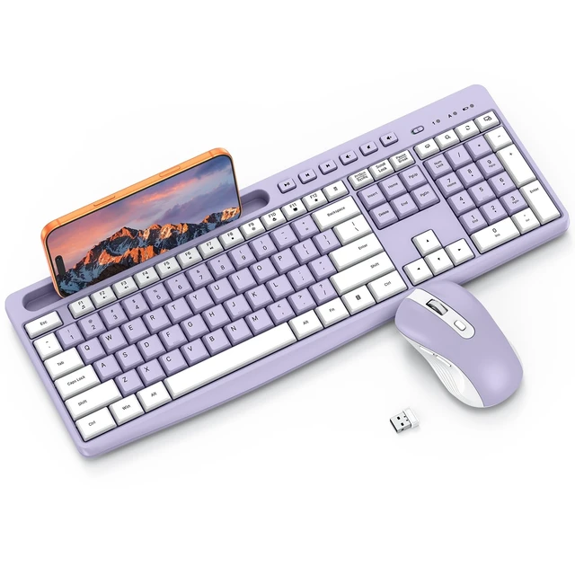 Alt view image 8 of 14 - Purple Wireless Keyboard and Mouse Combo, 2.4GHz USB Receiver, with Phone Holder and Numeric Keypad, Full-Size Keyboard for Windows/PC/Laptop/Computer, Silent Typing Keys for Office/Home
