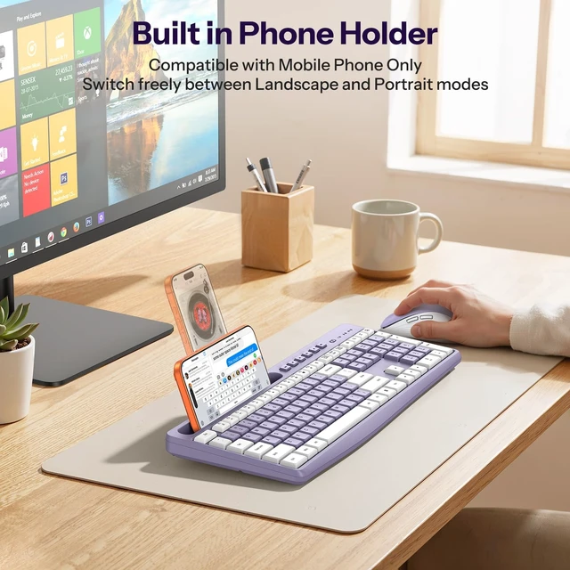 Alt view image 10 of 14 - Purple Wireless Keyboard and Mouse Combo, 2.4GHz USB Receiver, with Phone Holder and Numeric Keypad, Full-Size Keyboard for Windows/PC/Laptop/Computer, Silent Typing Keys for Office/Home
