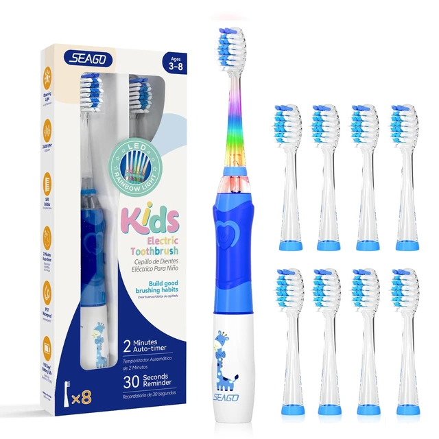 Alt view image 8 of 14 - Kids Electric Toothbrush with 2 Mins Brushing Timer and 8 Replacement Brush Heads,Rainbow LED Light Makes Brushing Fun, Battery Powered Toothbrush for Boys & Girls Ages 3-6-8 Years Old,Blue
