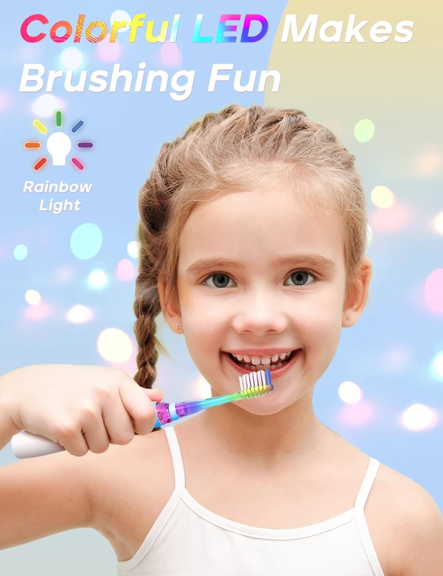 Alt view image 9 of 14 - Kids Electric Toothbrush with 2 Mins Brushing Timer and 8 Replacement Brush Heads,Rainbow LED Light Makes Brushing Fun, Battery Powered Toothbrush for Boys & Girls Ages 3-6-8 Years Old,Blue