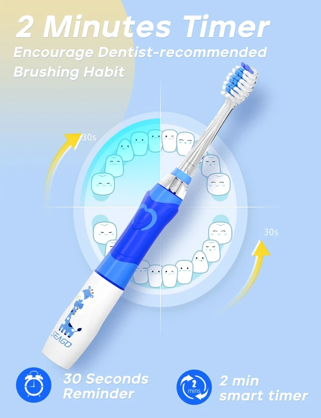 Alt view image 10 of 14 - Kids Electric Toothbrush with 2 Mins Brushing Timer and 8 Replacement Brush Heads,Rainbow LED Light Makes Brushing Fun, Battery Powered Toothbrush for Boys & Girls Ages 3-6-8 Years Old,Blue