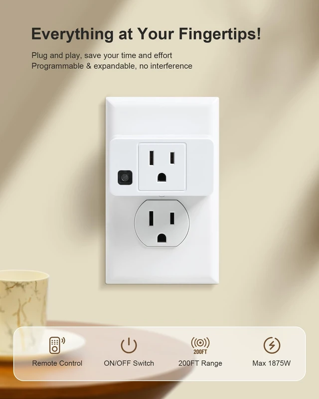 Alt view image 9 of 14 - Wireless Remote Control Outlet, 200FT RF Range Remote Light Switch | Mini Remote Outlet Plug, All On/Off Switch, 15A/1875W, for Lamps/Lights/Household Appliances, FCC & ETL Listed