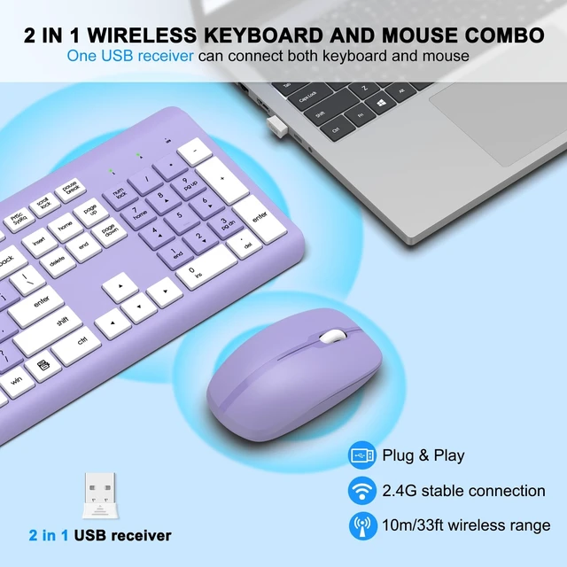 Alt view image 9 of 14 - Wireless Keyboard and Mouse Combo, Full-Size Silent Ergonomic Keyboard and Optical Mouse, Long Battery Life, 2.4G Lag-Free Mice Keyboard for Computer, Mac, Laptop, PC, Windows(Purple)