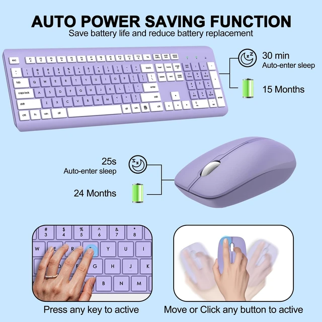 Alt view image 10 of 14 - Wireless Keyboard and Mouse Combo, Full-Size Silent Ergonomic Keyboard and Optical Mouse, Long Battery Life, 2.4G Lag-Free Mice Keyboard for Computer, Mac, Laptop, PC, Windows(Purple)