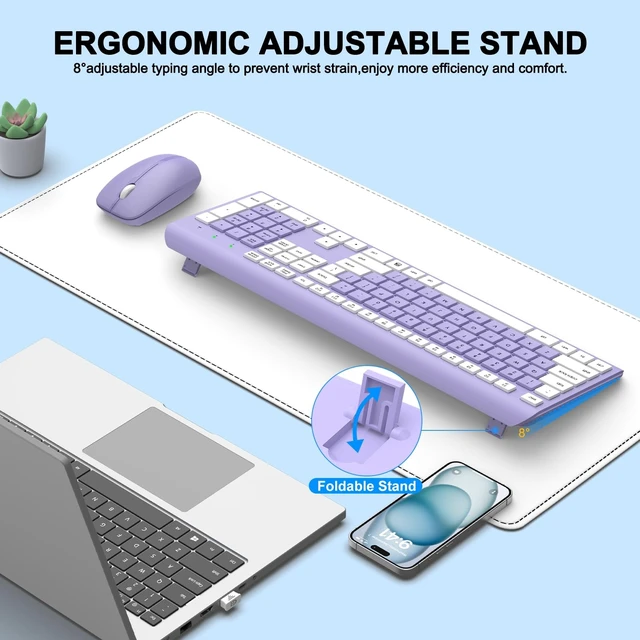 Alt view image 11 of 14 - Wireless Keyboard and Mouse Combo, Full-Size Silent Ergonomic Keyboard and Optical Mouse, Long Battery Life, 2.4G Lag-Free Mice Keyboard for Computer, Mac, Laptop, PC, Windows(Purple)